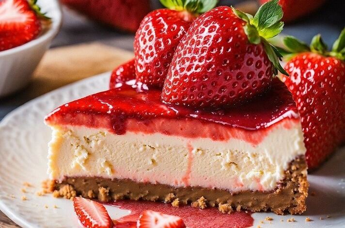 Cheesecake od jagoda na tacni i dve jagode na vrhu kolača